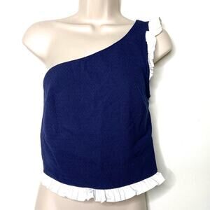 NWT Zara blouse crop one shoulder ruffles textured blue Size Small